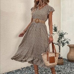 Ditsy Floral Print Butterfly Sleeve Ruffle Hem Dress Without Belt